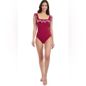 NEW PROFILE BY GOTTEX lola square neck lazer ruffle one piece swimsuit in black